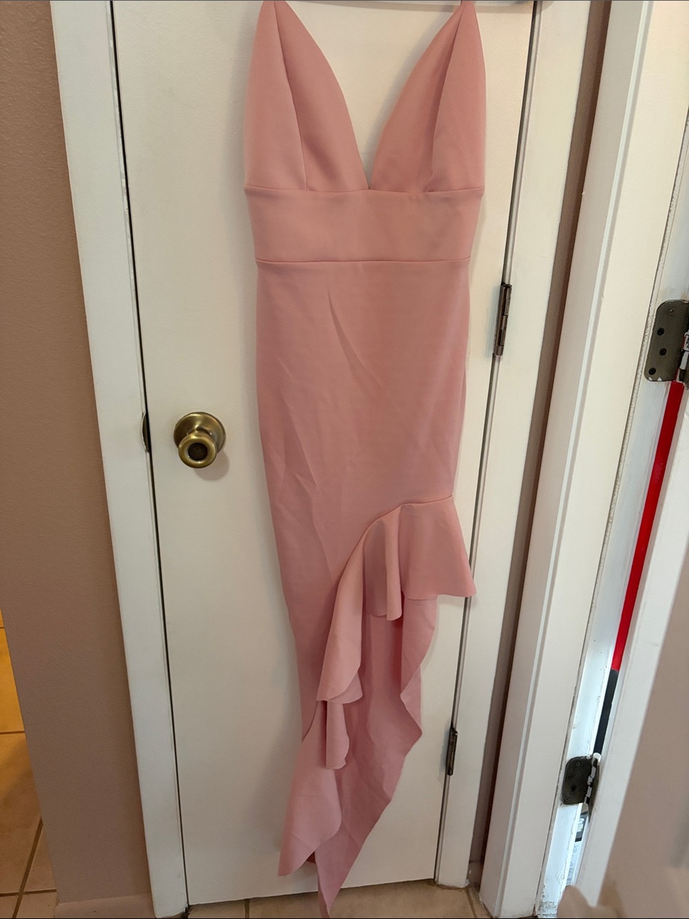 Blush Pink V-Neck Ruffle Hem Women's Dress